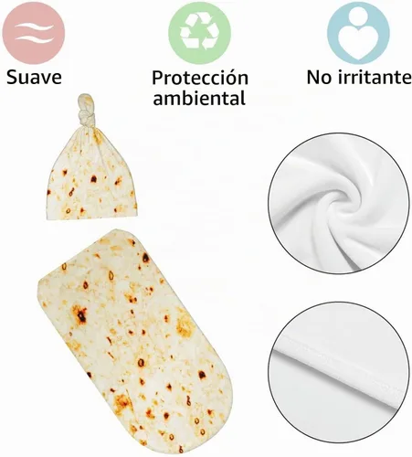 Vista 5 de Burrito Taco Tortilla Manta para recién nacido con juego de gorro, manta suave y elástica, regalo divertido para la ducha de niños y niñas Tortilla