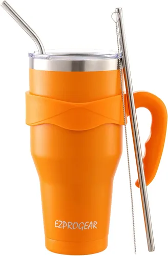 Vista 6 de Ezprogear – Vaso con aislamiento al vacío de doble pared de acero inoxidable, con pajilla y asa Doble pared, acero inoxidable, taza