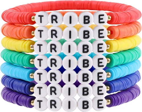 Vista 10 de Juego de pulseras heishi arcoíris estilo surfista para mujer, juego de pulseras apilables de cuentas de arcilla, pulseras elásticas con disco
