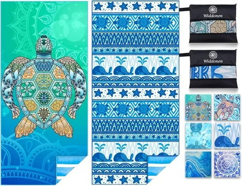 Vista 17 de Widdonen Toalla de playa de microfibra, compacta, paquete de 2 unidades, 71 x 32 pulgadas con bolsa de viaje Paquete de 2 Blue Peank Dream World