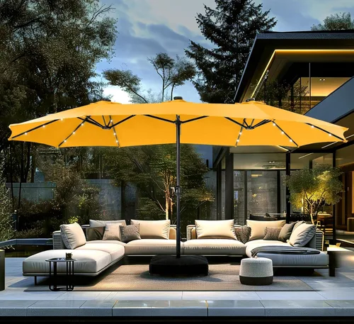 Vista 14 de PHI VILLA Sombrilla de patio grande de 15 pies con base y luces solares, paraguas rectangular de doble cara para exteriores con 36 luces LED, Beige