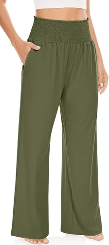 Vista 2 de UEU Pantalones de pierna ancha con volantes fruncidos y cintura alta para mujer, estilo casual, holgados, pantalones de yoga con bolsillos