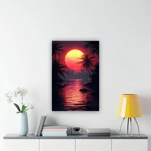 Vista 6 de ZMLIS Futuristic Vaporwave Retro Wall Art – Neon Grid Palm Trees City – Synthwave Style 80s Digital Print Canvas Wall Art Print Poster For Home