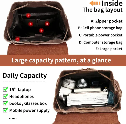 Vista 4 de HuaChen Mochila vintage de lona encerada con solapa de cuero genuino, mochila de viaje y trabajo, resistente al agua con bolsillo antirrobo, grande