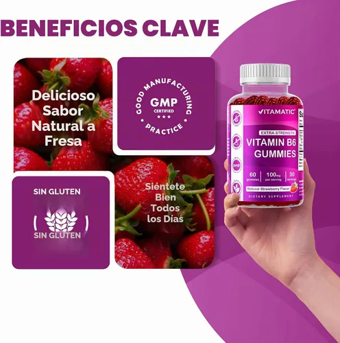 Vista 4 de Vitamatic Vitamina B6 100mg - Sabor a Bayas - 60 Gomitas a Base de Pectina - Apoya el Sistema Nervioso