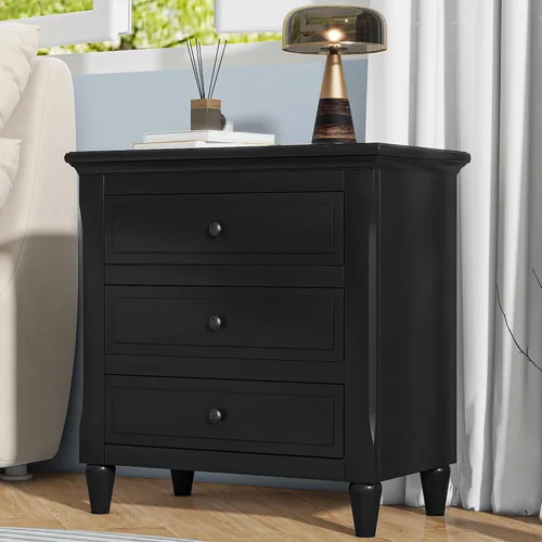 Vista 3 de Farmhouse Nightstand with 3 Drawers and Smooth Gliding Rails, Bedside Table Cabinet with Metal Handle, Minimalist Modern Small End Table for