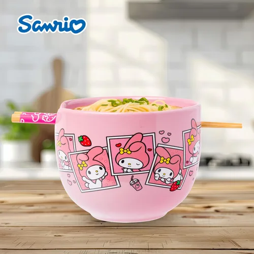 Vista 146 de Silver Buffalo Hello Kitty y sus amigos Chococat - Tazón de cerámica para ramen y arroz con palillos, patrón a cuadros, apto para microondas, 20