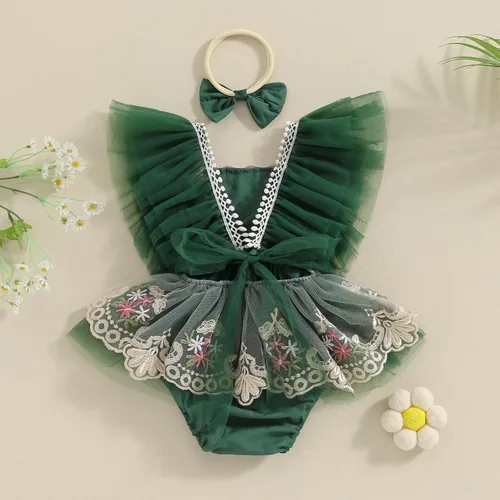 Vista 3 de Ursobutegl Mameluco de princesa para bebé recién nacida, vestido de malla bordado, elegante, tutú con falda, overol para cumpleaños
