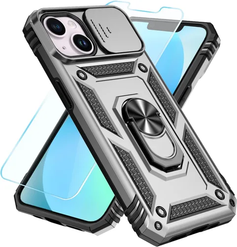 Vista 5 de SunStory Funda compatible con iPhone 12 Pro Max con protector de pantalla HD, cubierta de cámara deslizante y soporte de anillo giratorio