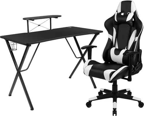 Vista 85 de Flash Furniture Juego de escritorio para juegos negro y silla de carreras blanco/negro con soporte para tazas, gancho para auriculares y soporte