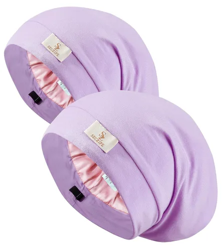 Vista 8 de SECZIPE 2 piezas de cofia de satén de seda para envolver el cabello para dormir, con correa ajustable para cabello rizado, gorras nocturnas Negro