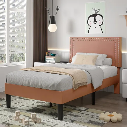 Vista 151 de VECELO Base de cama de plataforma de tamaño individual con cabecera tapizada de altura ajustable, base de colchón moderna, soporte de listones