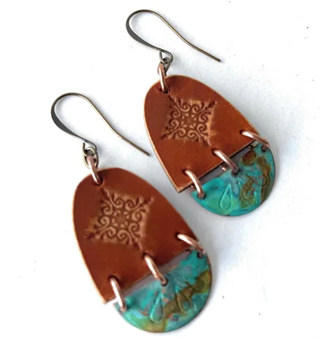 Vista 4 de Boho Leather Stamped Scroll & Turquoise Rust Copper Earrings (Sterling Silver Earwires)