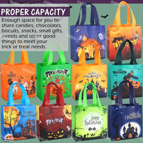 Vista 2 de PARSUP 20 bolsas de Halloween para dulce o truco, no tejidas grandes bolsas de regalo con asas para envolver regalos, suministros de fiesta, 7.9 x