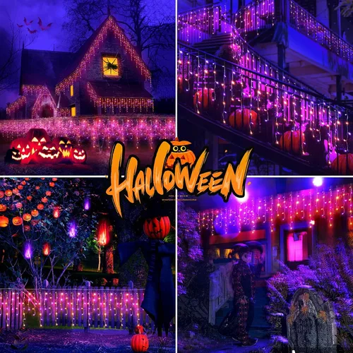 Vista 7 de JXLEDAYY 65 pies 640 luces LED de Halloween decoraciones exteriores luces de cadena de alambre transparente con enchufe 120 gotas 8 modos