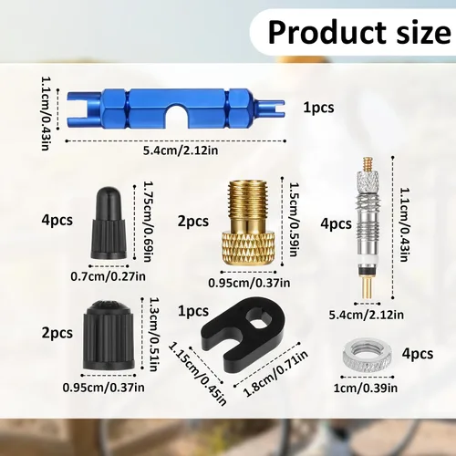 Vista 2 de Kit de reparación de núcleo de válvula Presta de 18 piezas, incluye 2 tapas de plástico y herramienta de extracción de núcleo de válvula