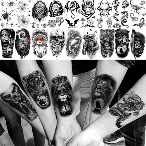 Vista 5 de Bilizar 63 hojas de tatuajes tribales temporales de lobo, león, tigre para hombres, mujeres, adultos, aterradores tatuajes temporales de calavera