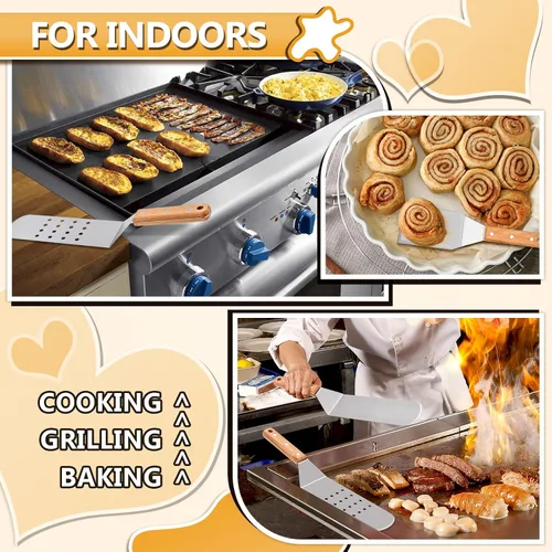 Vista 5 de HaSteeL - Juego de 4 espátulas de metal de acero inoxidable con mango remachado de madera, kit de accesorios de parrilla profesional para teppanyaki