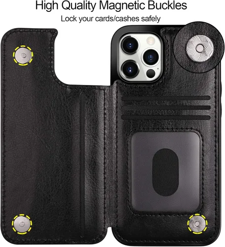 Vista 4 de HianDier Funda tipo cartera compatible con iPhone 12 Pro MAX 5G de 6.7 pulgadas, delgada funda protectora con ranura para tarjeta de crédito, funda
