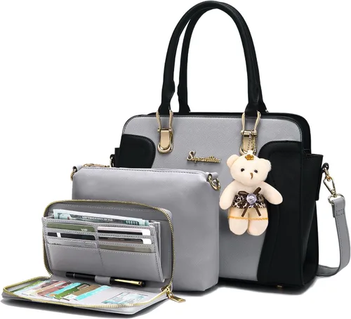 Vista 18 de Soperwillton Monederos para mujer, bolso cruzado de hombro, asa superior, bolsa de mano, cartera, juego de 3 piezas beige/marrón