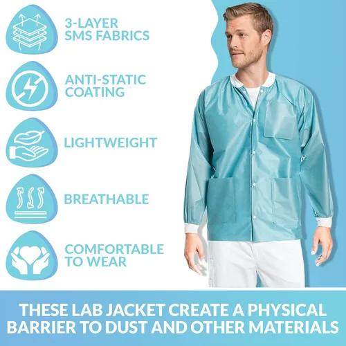 Vista 4 de Paquete de 10 chaquetas desechables de laboratorio, chaqueta médica reutilizable hasta la cadera, unisex, con puños de punto y bolsillos
