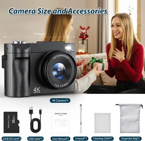 Vista 2 de Cámara Digital 4K de 50 MP con Enfoque Automático Cámara de Vlogging para YouTube con Pantalla Abatible de 180° de 2.8 pulgadas, Cámara de Zoom