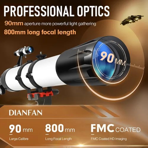 Vista 2 de Dianfan Telescopio, apertura de 90 mm y longitud focal de 800 mm, telescopios para adultos de astronomía, telescopio refractor profesional portátil