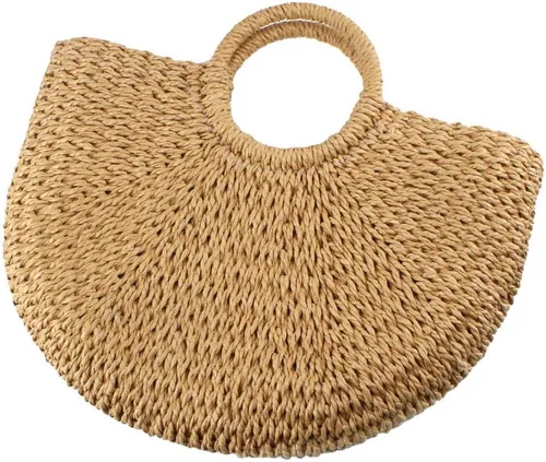 Vista 3 de Bolsa de paja para mujer bolsa de playa de paja de verano grande tejida redonda asa de mano Hobo Natural Rattan Travel Beige talla única