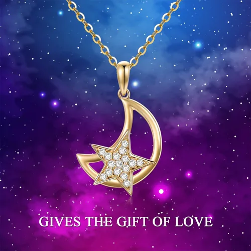 Vista 6 de 14K Solid Gold Moon Necklaces for Women, Real Yellow Gold Moon Star Pendant Necklace with Cubic Zircon Fine Jewelry for Girls 18