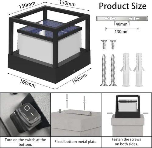 Vista 5 de Luces de poste solares al aire libre, lámpara de poste solar de 6.3" de crepúsculo al amanecer, luces de pilar impermeables Ip65, 3000k, aluminio