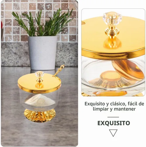 Vista 8 de Kichvoe - Recipiente de vidrio para azúcar con cuchara, recipiente para azúcar con tapa, tarro de hierro forjado para café, bar, despensa, encimera