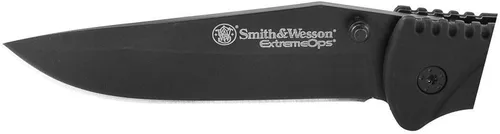 Vista 4 de Smith & Wesson Extreme Ops SWA25 Cuchillo plegable, con traba, con punta hacia bajo, con gancho y mango de hule.