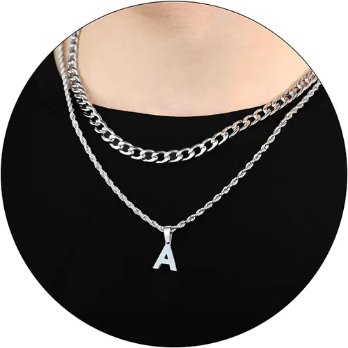 Vista 77 de SENRAN Collar con inicial en capas de la A a la Z para hombre, cadena de cuerda torcida de acero inoxidable de 18 a 20 pulgadas, dije de letra