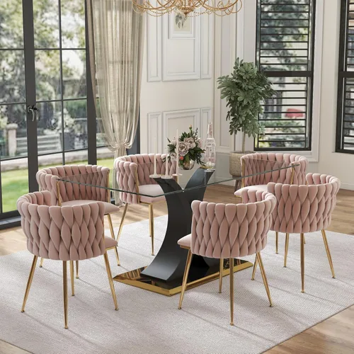 Vista 36 de Juego de comedor moderno de vidrio de lujo de 5 piezas, juego de cena rectangular minimalista grande para 4, juego de mesa de cocina de vidrio