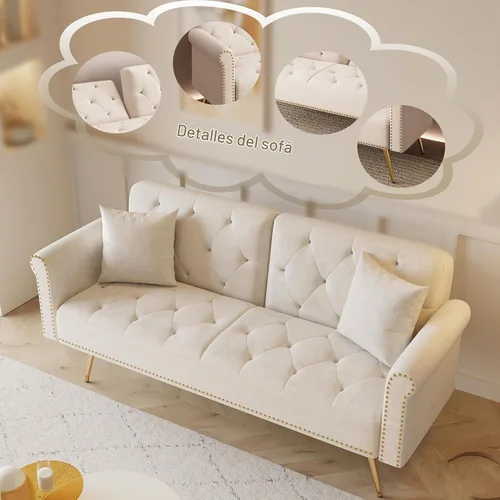 Vista 6 de Sofá Cama Futón de Terciopelo Moderno 2 en 1, Sofá Cama Plegable Convertible con 2 Almohadas, Loveseat Reclinable Acolchado de 63" con Patas de Beige