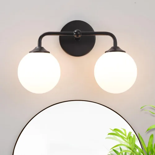 Vista 9 de Luces modernas de tocador de baño de níquel cepillado de 2 luces, accesorios de iluminación de baño sobre espejo con pantalla de globo de vidrio