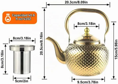 Vista 3 de SANQIAHOME - Tetera de 1200 ml con infusor, hervidor de agua de acero inoxidable, asa de elevación, tetera para agua, hervidor para inducción/gas