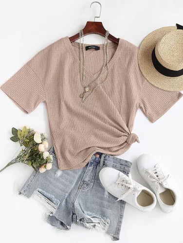 Vista 7 de MEROKEETY - Blusa de media manga con cuello en V, punto gofre y alas de murciélago para mujer, camiseta suelta de color sólido