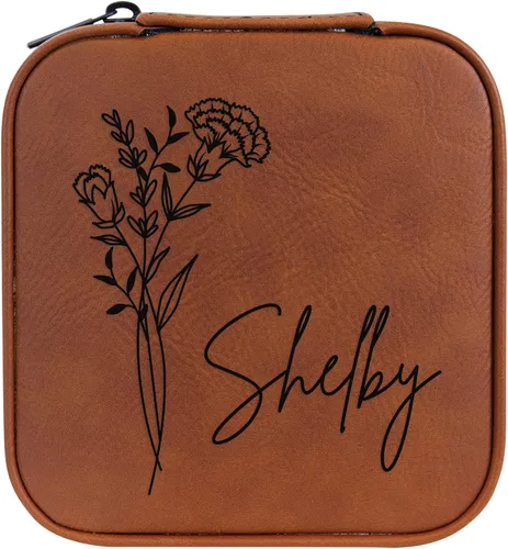 Vista 23 de Joyero de flores de nacimiento personalizado Estuche de viaje (cuero crudo, abril - guisante dulce)