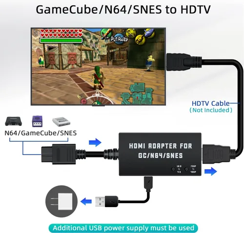 Vista 5 de Mcbazel Adaptador HDMI para GamecubeN64SNES, convertidor HDMI compatible con conversión 43169 y resolución de conmutación 480p720p para GamecubeSNES