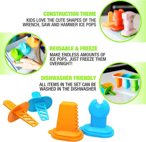 Vista 4 de Dinneractive Play Pop Popsicle Molds - Juego de 3 herramientas temáticas - Moldes de silicona reutilizables para paletas de bricolaje para niños