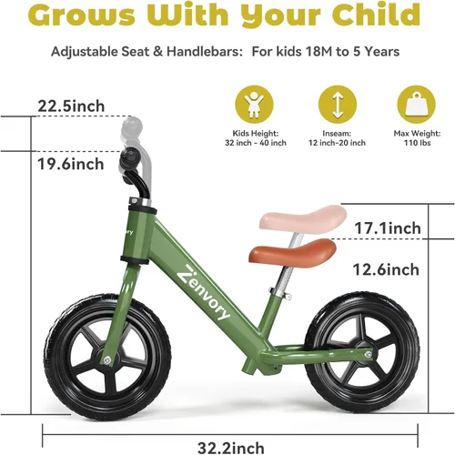 Vista 2 de Toddler Balance Bike Age 2-5, 12 Inches, Tool-Free Adjustable Verde oliva