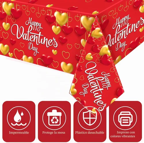 Vista 3 de WovWeave Mantel de plástico de 3 piezas de San Valentín, diseño de corazón rojo y dorado, para el Día de San Valentín, desechable, rectangular