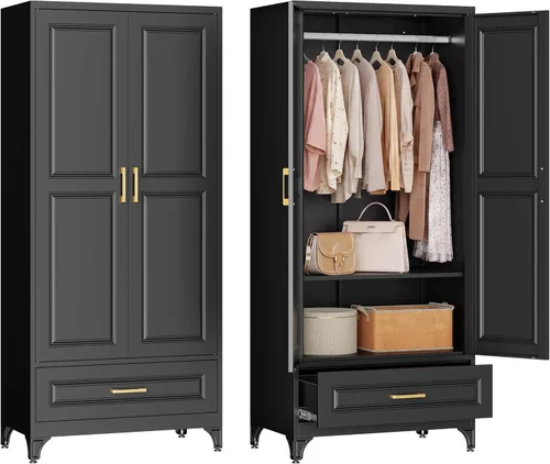 Vista 12 de Armario de metal con 2 puertas, armario de 71 pulgadas de alto con puertas, barra para colgar, cajones y estantes ajustables, armarios