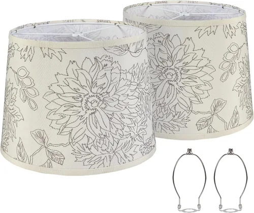 Vista 9 de Juego de 2 pantallas para lámpara de mesa y de pie, pantallas con diseño de flores, 12.7" superior x 12.7" inferior x 10" de alto, lino natural