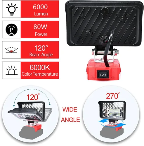 Vista 2 de Luz de trabajo LED inalámbrica compatible con batería Milwaukee 18V m18, 80W 6000LM linterna portátil m18 para iluminación en el lugar de trabajo