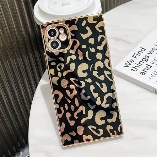 Vista 6 de Elegante Compatible con iPhone 12 Funda de Borde Rectangular, Lindo Patrón de Leopardo de Lujo Funda con Plateado Protector de Cámara TPU Suave A