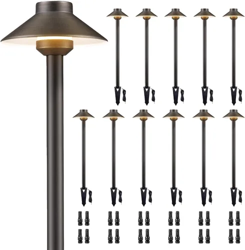 Vista 28 de Gardenreet Luces de camino de latón para exteriores, iluminación de camino de paisaje de bajo voltaje con cable, luz LED de pasarela de 12 V