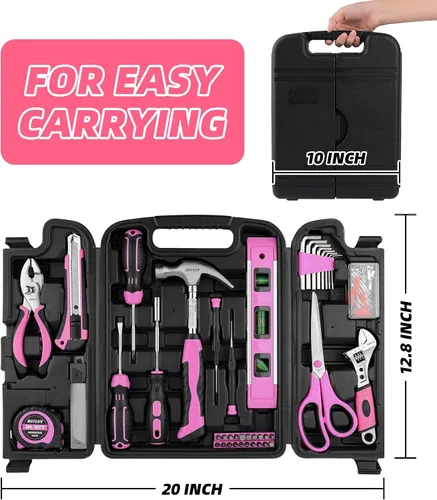 Vista 3 de Juego de herramientas rosadas, 131 piezas, color rosa, para mujeres, kit de herramientas manuales para el hogar con caja de herramientas de plástico
