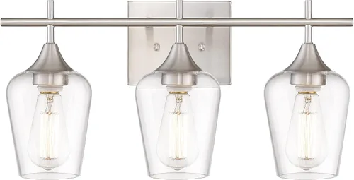 Vista 16 de WL9167-2C - Lámpara de baño de níquel cepillado de 15 pulgadas, lámpara moderna de pared de baño de granja con vidrio transparente